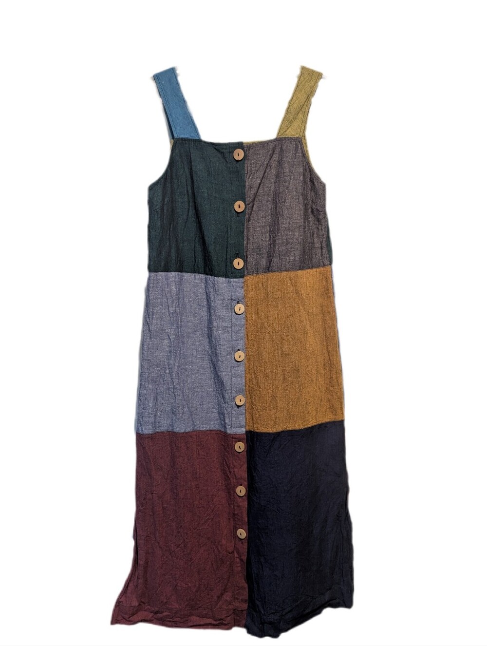 Gorman Spliced Linen Patchwork Button Down Summer Maxi Dress Wooden Buttons -S-